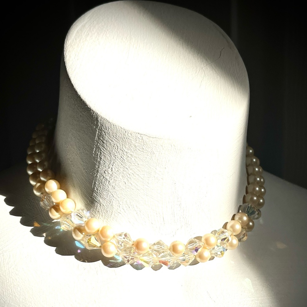 Vintage Double Strand Faux Pearl Crystal Choker